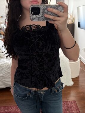Vintage Dark Blue Lace-Trim Velvet Corset Tank Top